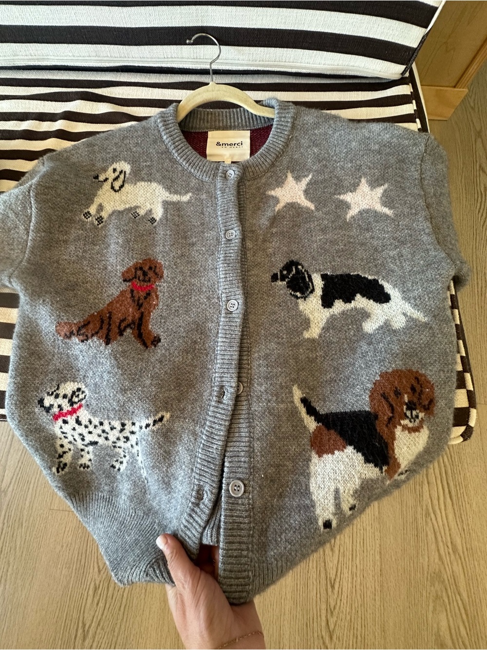 Merci Gray Dog Motif Button-Front Cardigan